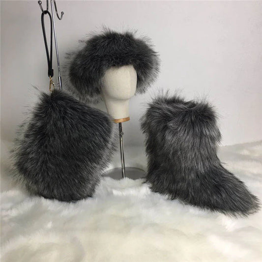 FAUX FUR HEADBAND/BOOTS/BAG SET 3PCS