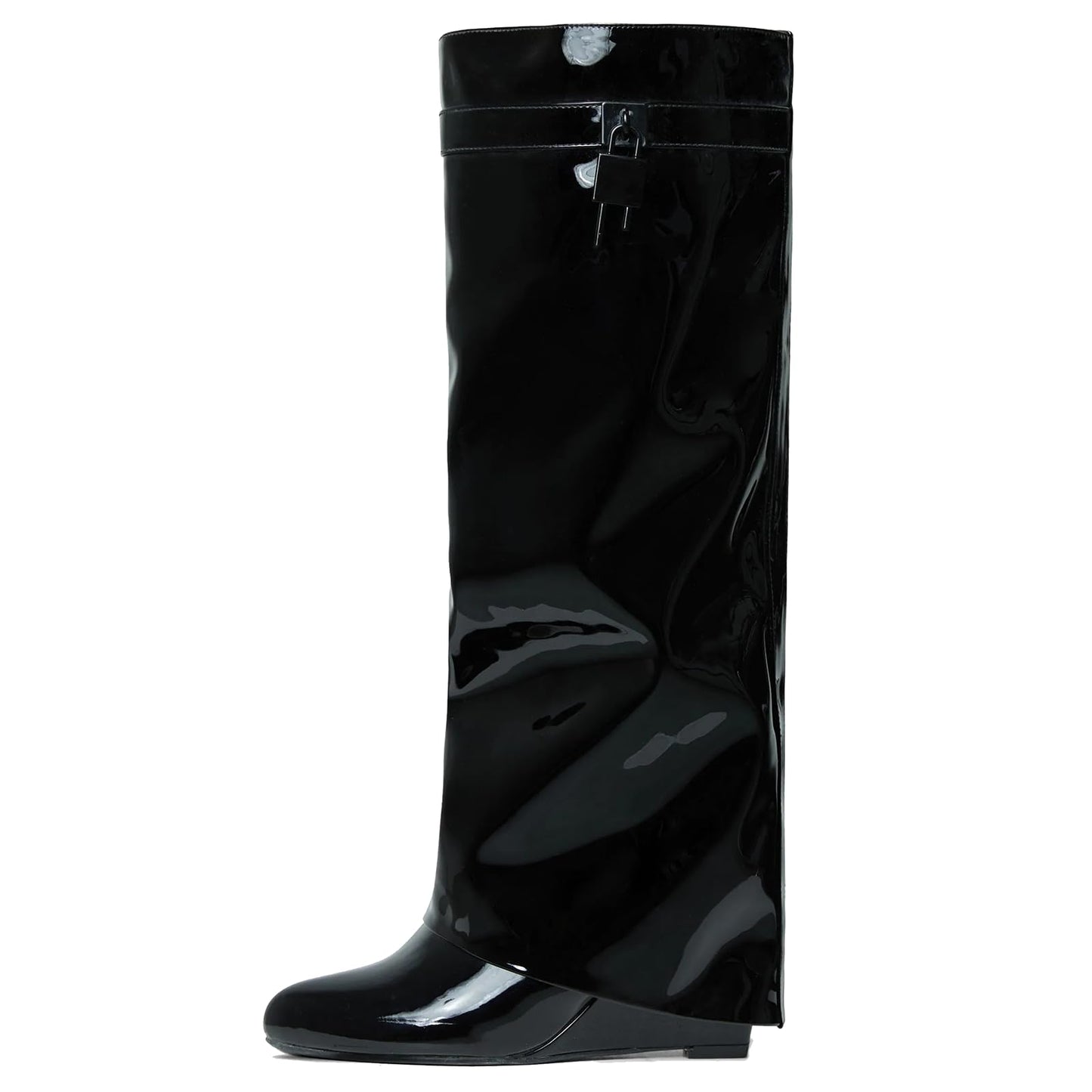 FOLD OVER BOOTS WIDE CALF-WEDGE HEEL KNEE HIGH BOOTS