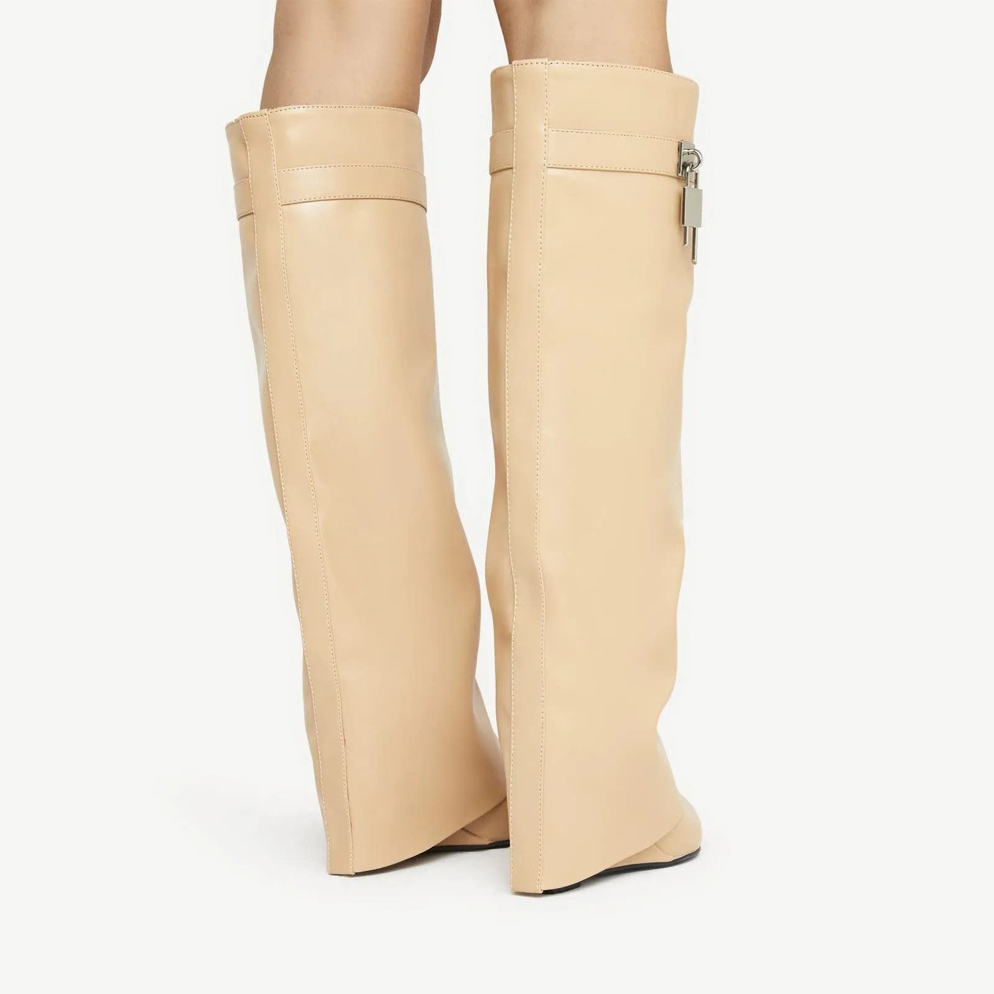 FOLD OVER BOOTS WIDE CALF-WEDGE HEEL KNEE HIGH BOOTS