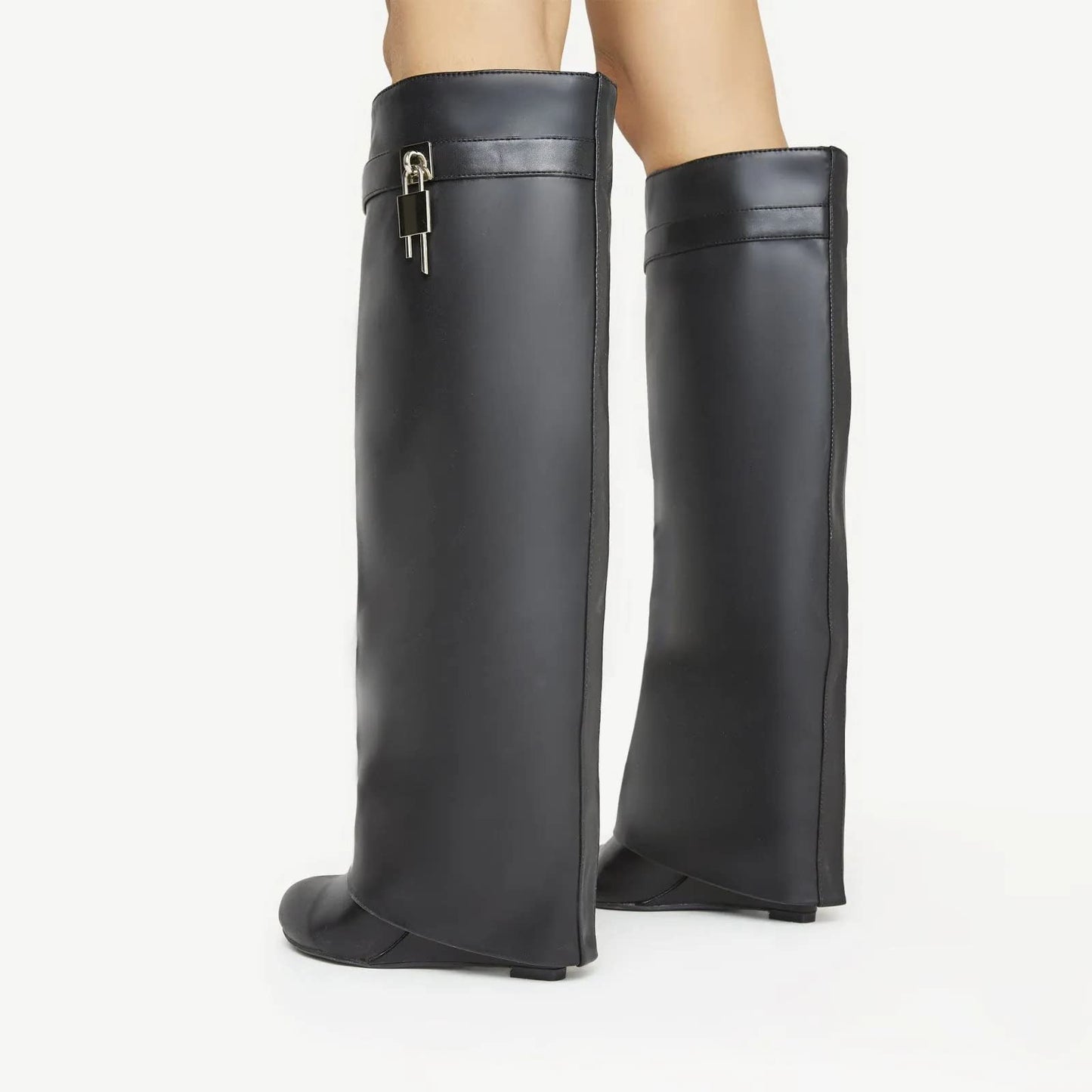 FOLD OVER BOOTS WIDE CALF-WEDGE HEEL KNEE HIGH BOOTS