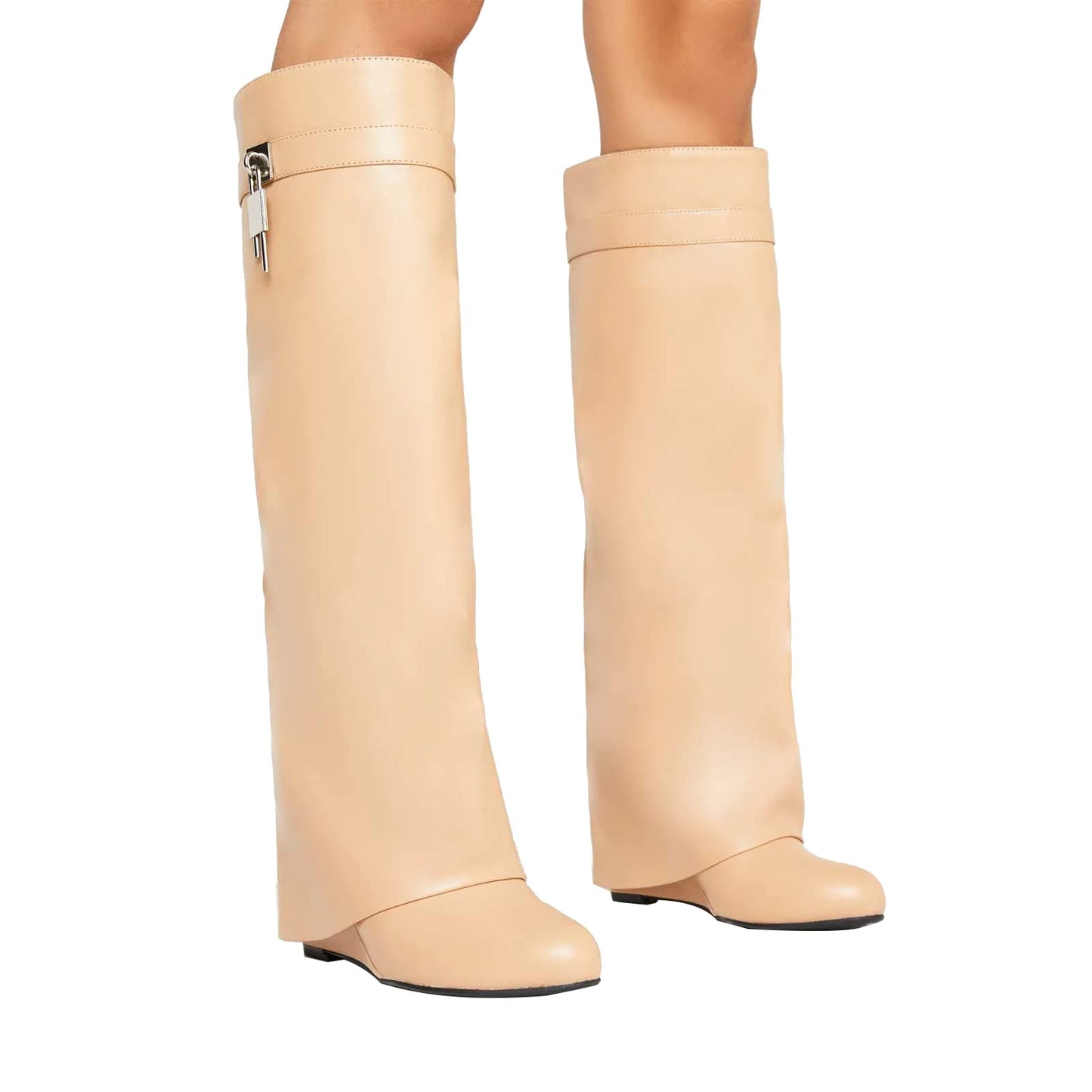 FOLD OVER BOOTS WIDE CALF-WEDGE HEEL KNEE HIGH BOOTS