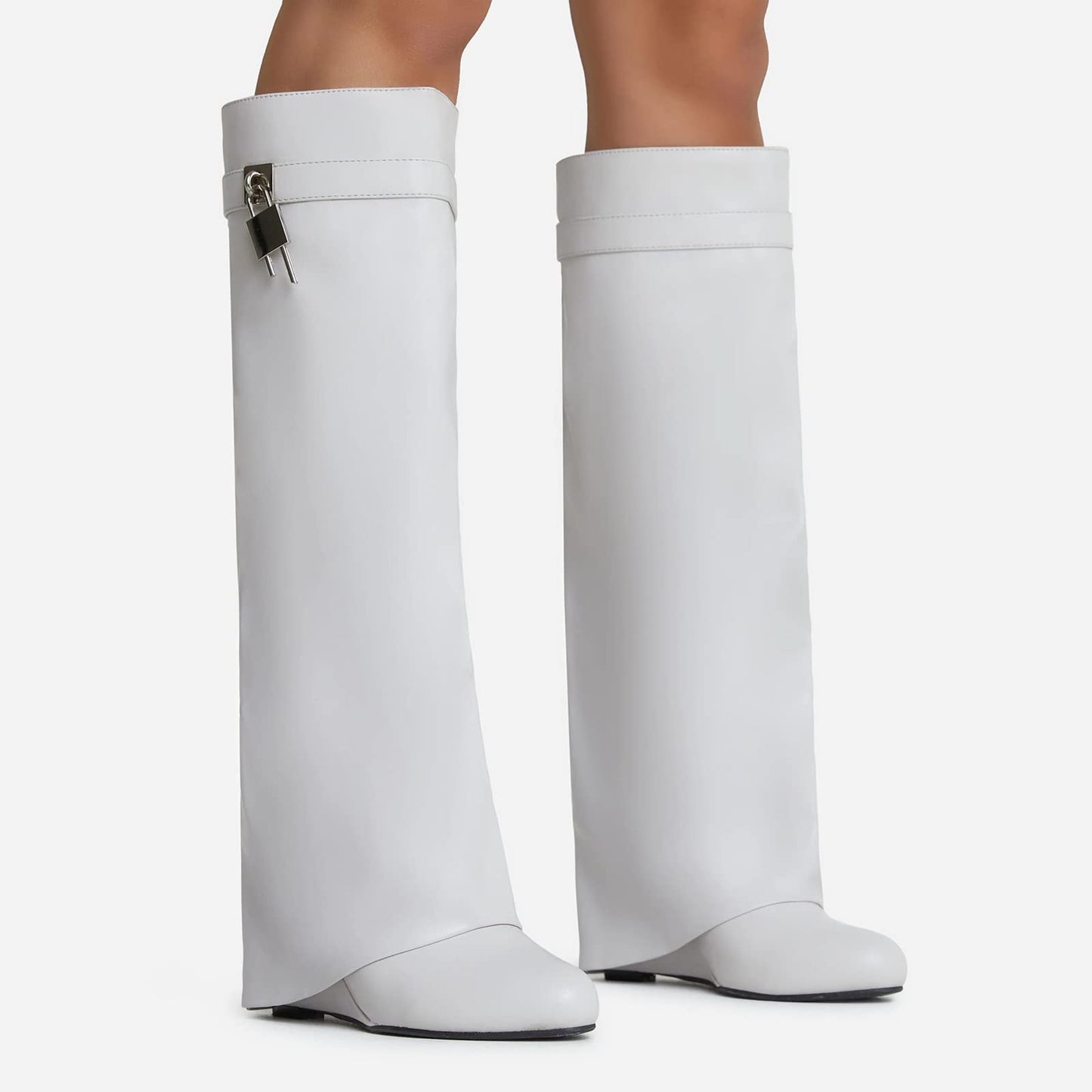 FOLD OVER BOOTS WIDE CALF-WEDGE HEEL KNEE HIGH BOOTS