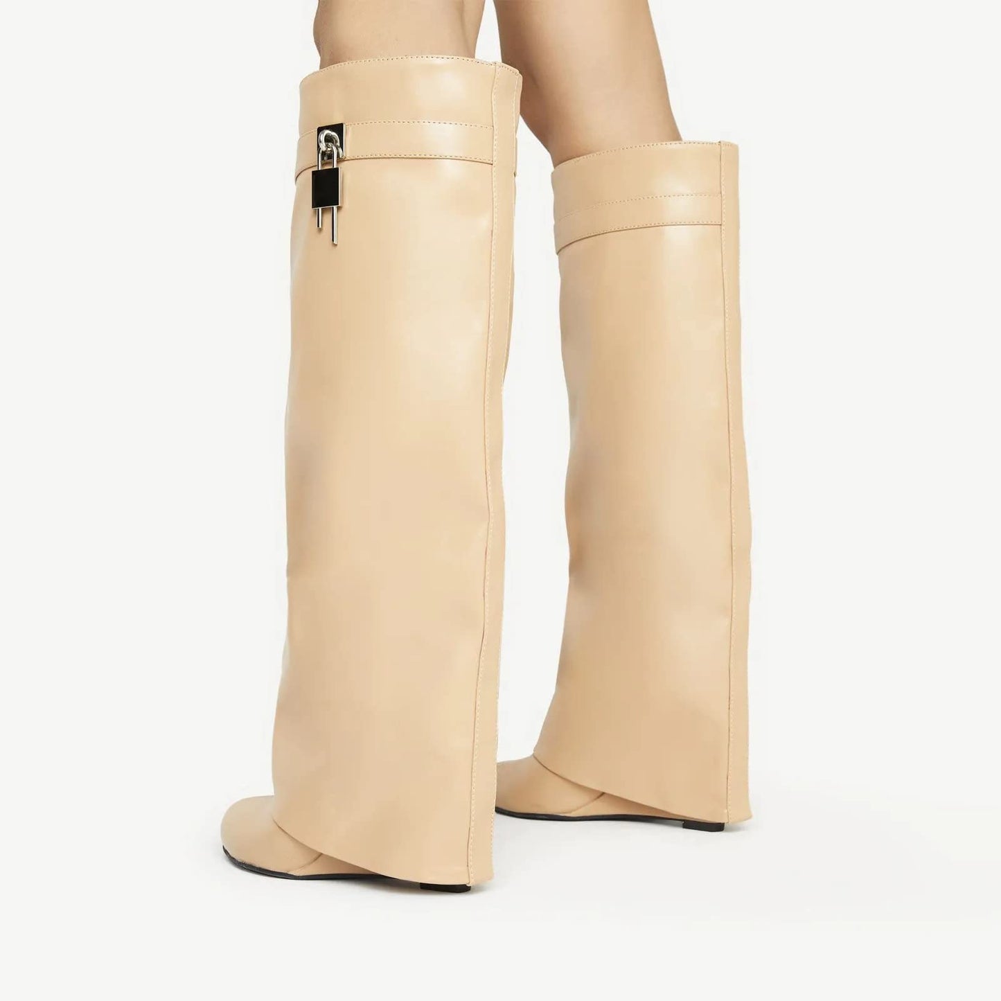 FOLD OVER BOOTS WIDE CALF-WEDGE HEEL KNEE HIGH BOOTS