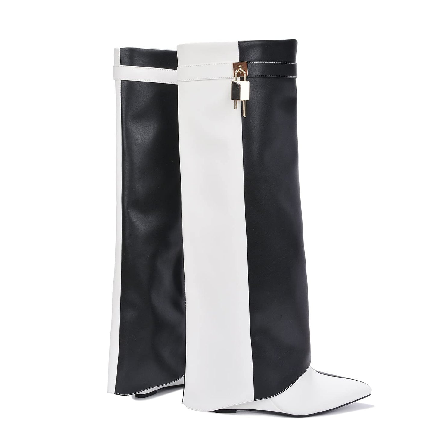 FOLD OVER BOOTS WIDE CALF-WEDGE HEEL KNEE HIGH BOOTS