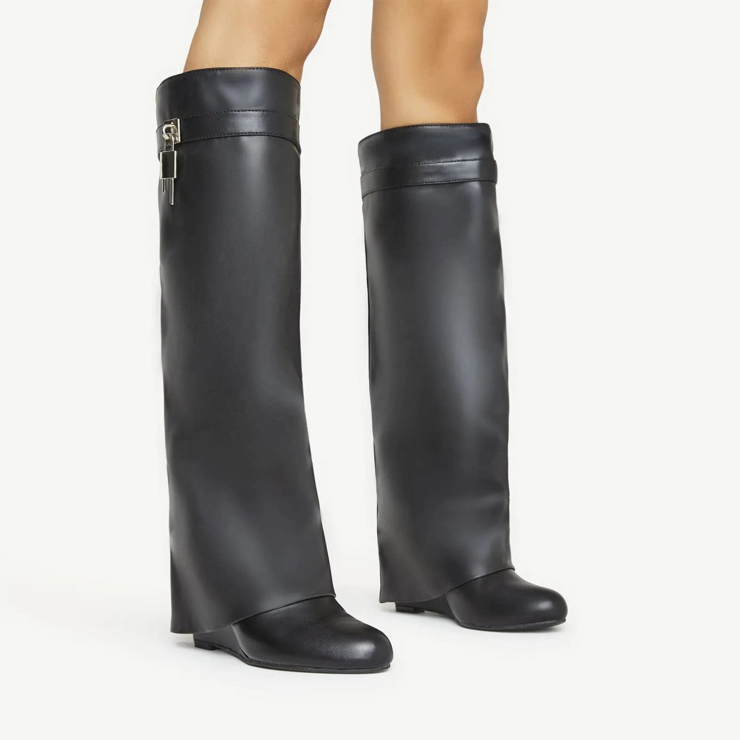 FOLD OVER BOOTS WIDE CALF-WEDGE HEEL KNEE HIGH BOOTS