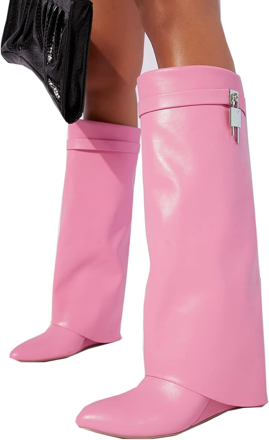 FOLD OVER BOOTS WIDE CALF-WEDGE HEEL KNEE HIGH BOOTS