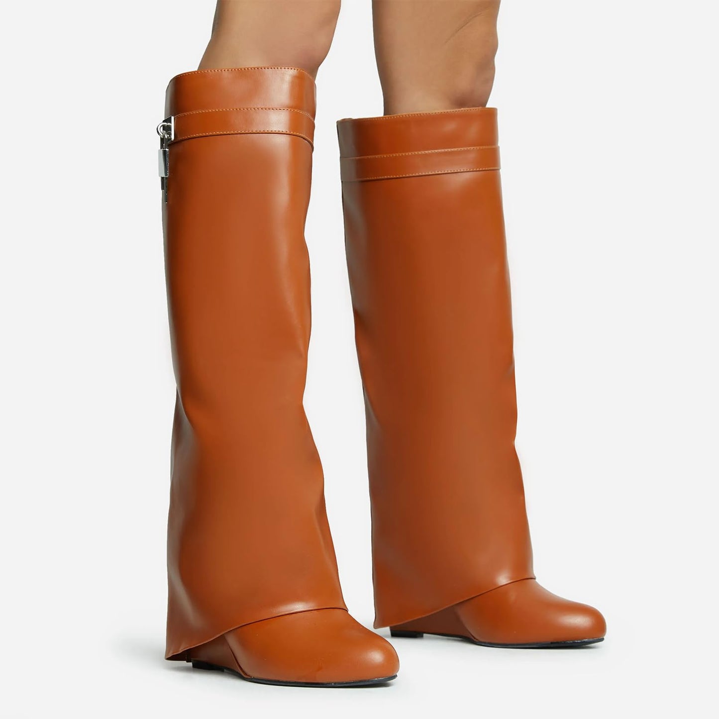 FOLD OVER BOOTS WIDE CALF-WEDGE HEEL KNEE HIGH BOOTS