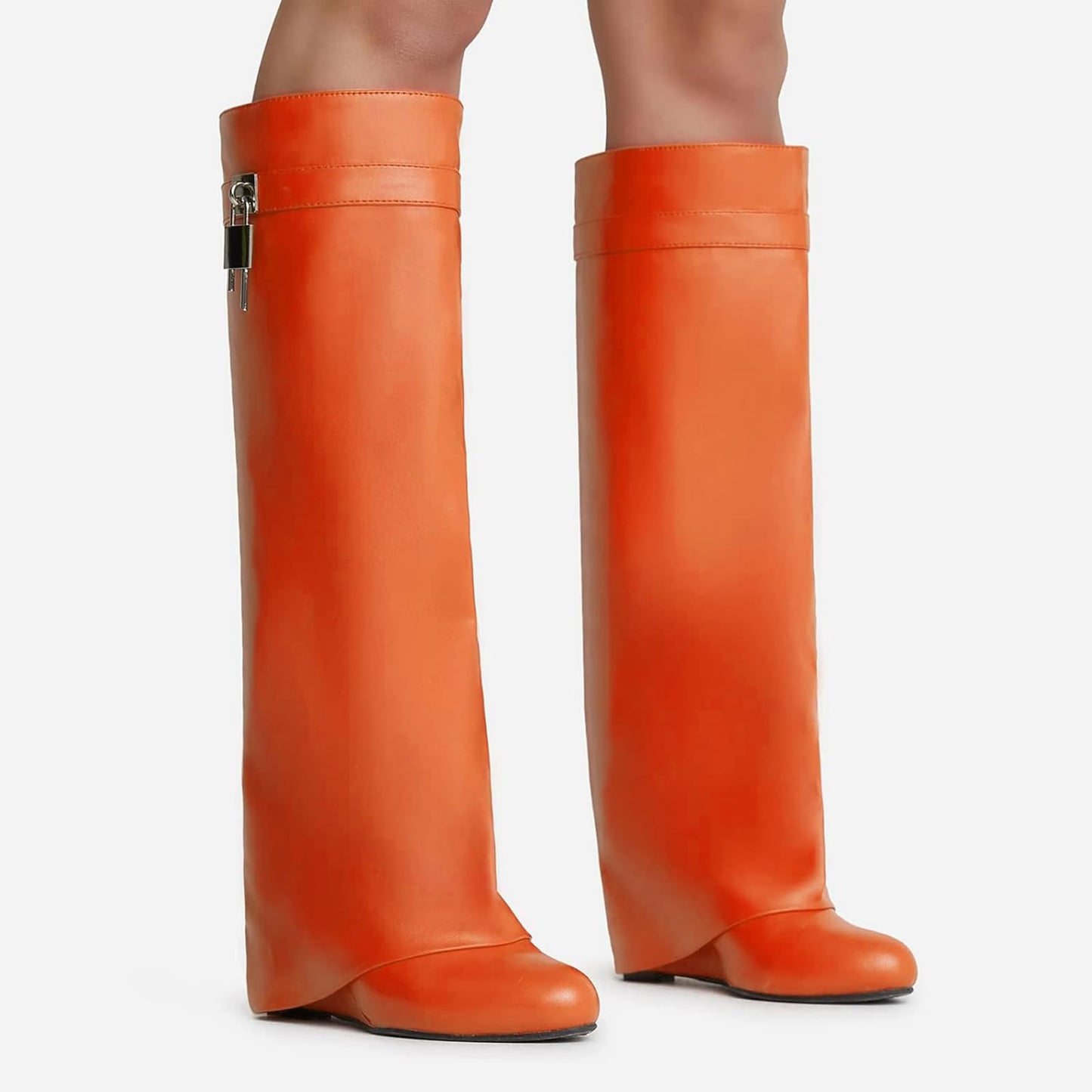 FOLD OVER BOOTS WIDE CALF-WEDGE HEEL KNEE HIGH BOOTS