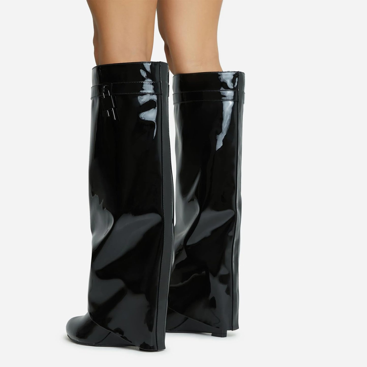 FOLD OVER BOOTS WIDE CALF-WEDGE HEEL KNEE HIGH BOOTS