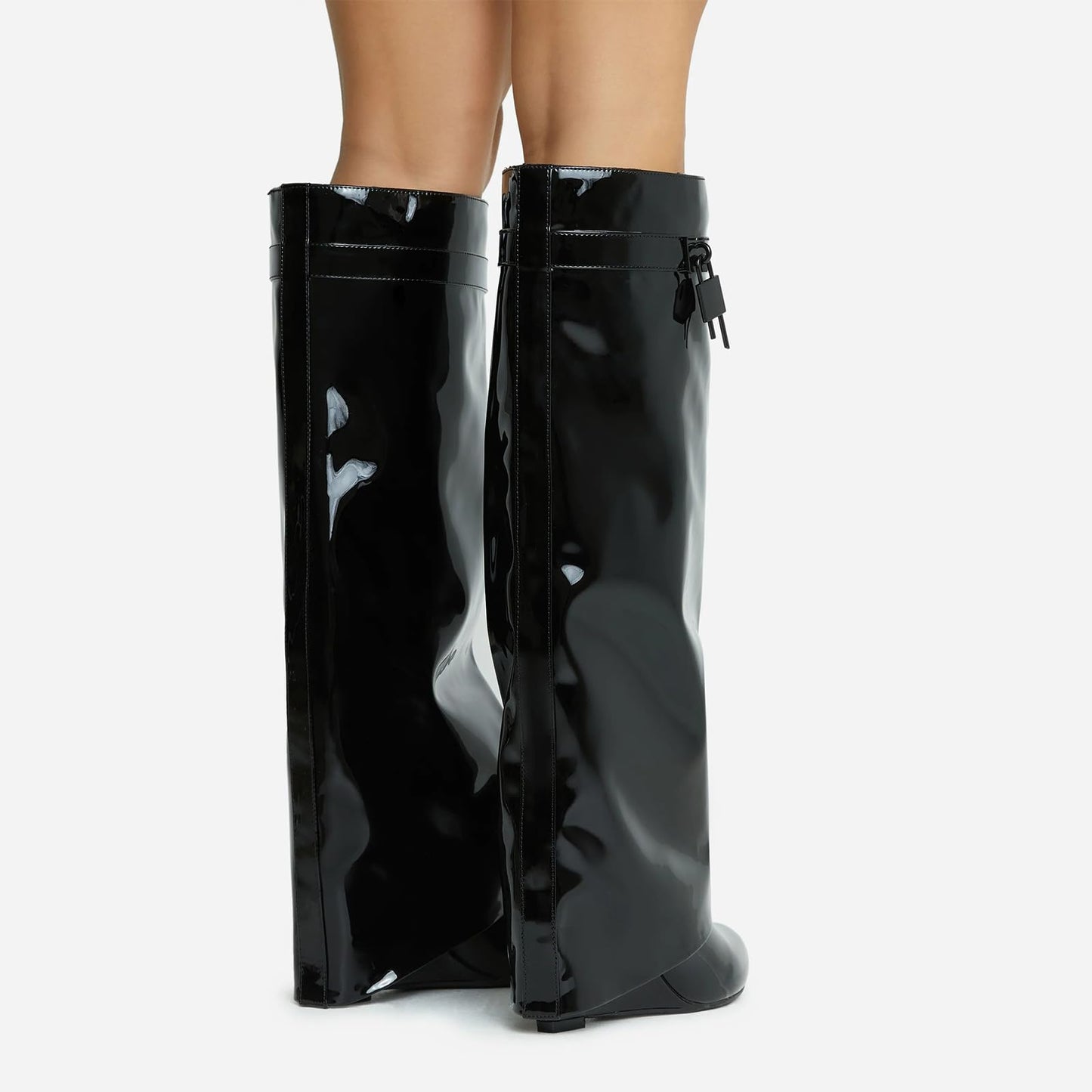 FOLD OVER BOOTS WIDE CALF-WEDGE HEEL KNEE HIGH BOOTS