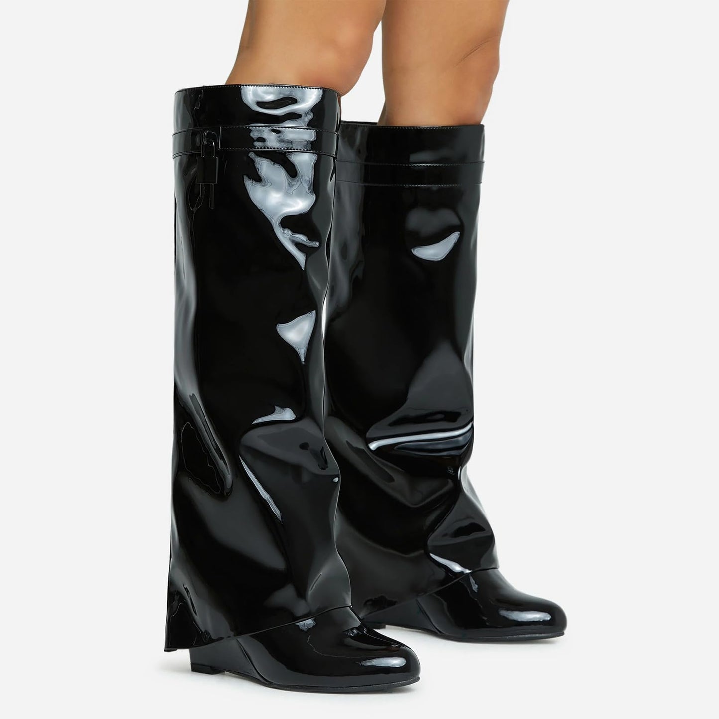 FOLD OVER BOOTS WIDE CALF-WEDGE HEEL KNEE HIGH BOOTS