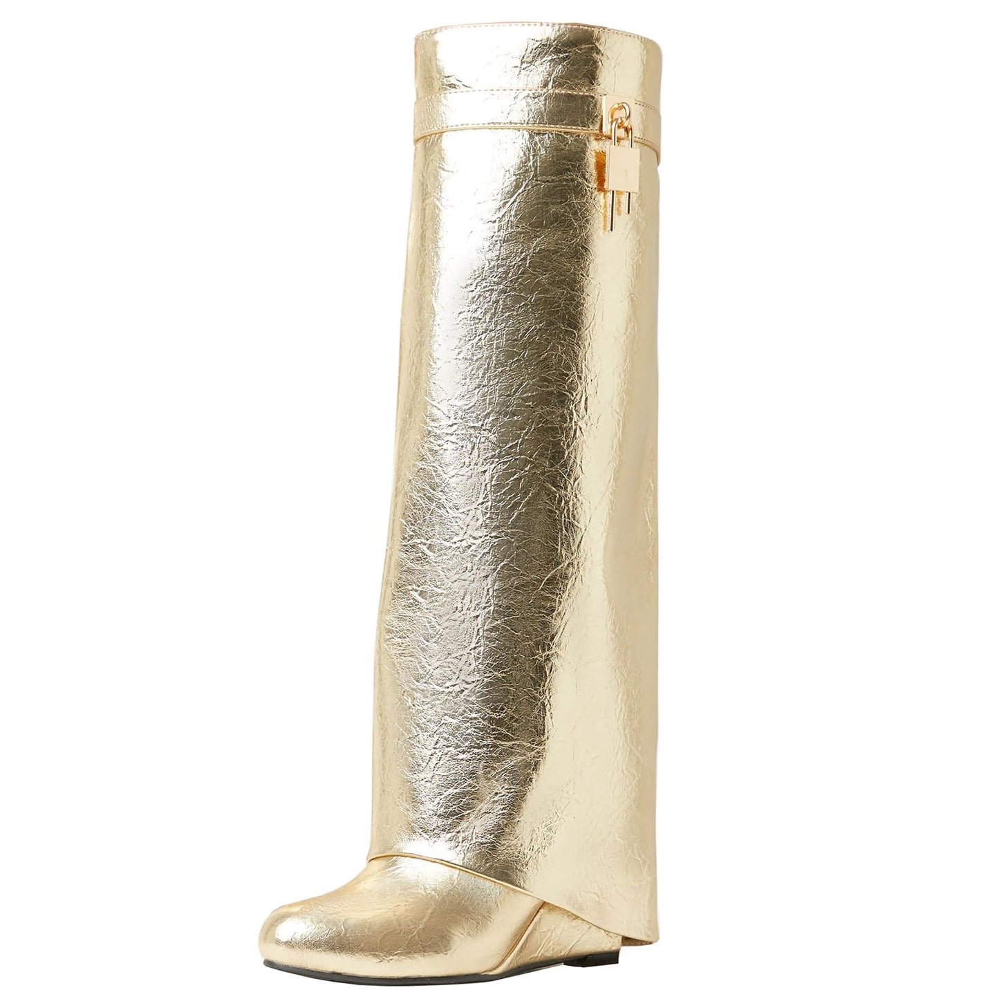 FOLD OVER BOOTS WIDE CALF-WEDGE HEEL KNEE HIGH BOOTS