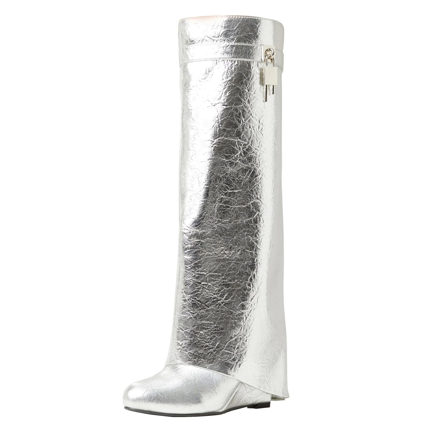 FOLD OVER BOOTS WIDE CALF-WEDGE HEEL KNEE HIGH BOOTS