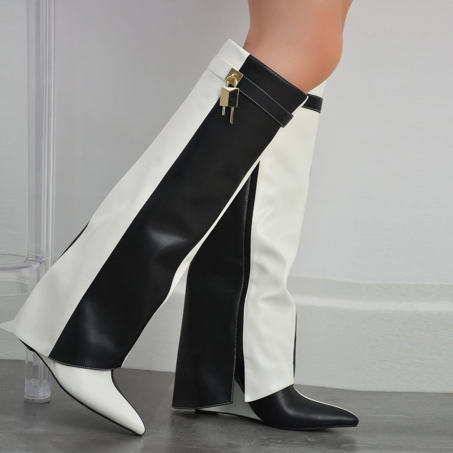 FOLD OVER BOOTS WIDE CALF-WEDGE HEEL KNEE HIGH BOOTS