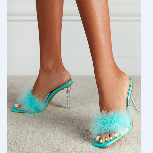 HIGH HEEL FURRY FASHION SLIPPERS SANDALS