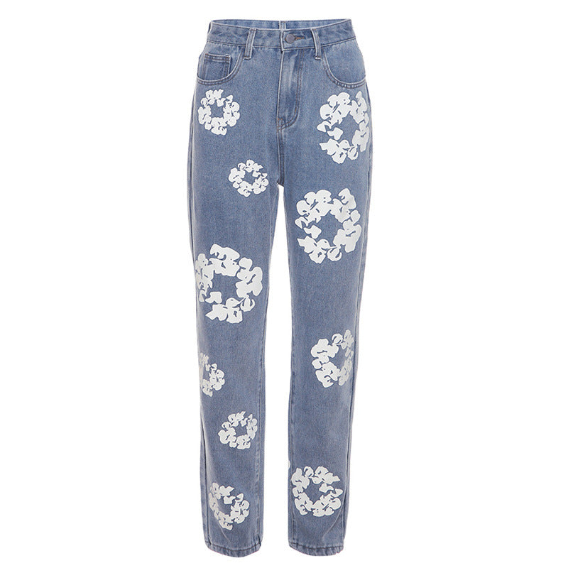 PRINTED HIGH WAISTED CASUAL STRAIGHT JEANS FOR WOMEN