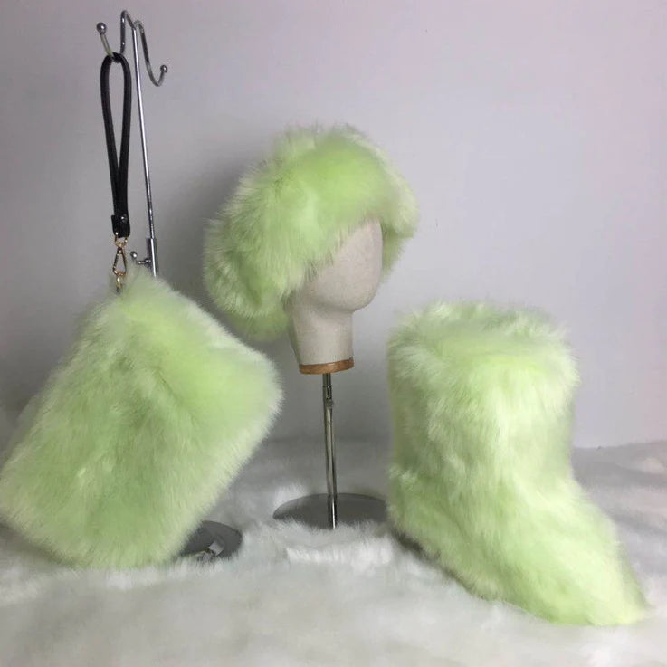 FAUX FUR HEADBAND/BOOTS/BAG SET 3PCS