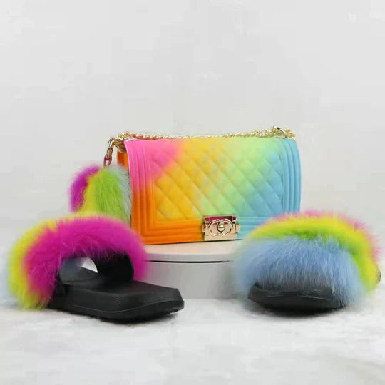 JELLY PURSE & FUR SLIDES SET - K-ELLE BEAUTY BOUTIQUE