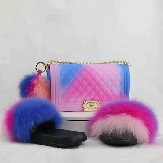 JELLY PURSE & FUR SLIDES SET - K-ELLE BEAUTY BOUTIQUE