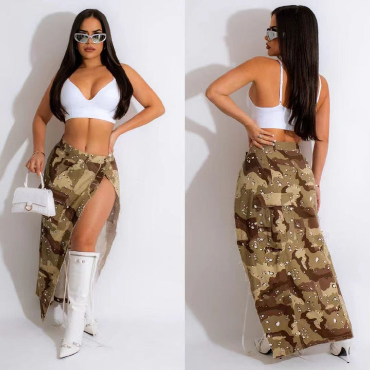 CAMOFLAUGE DENIM FRINGED OPEN SKIRT - K-ELLE BEAUTY BOUTIQUE