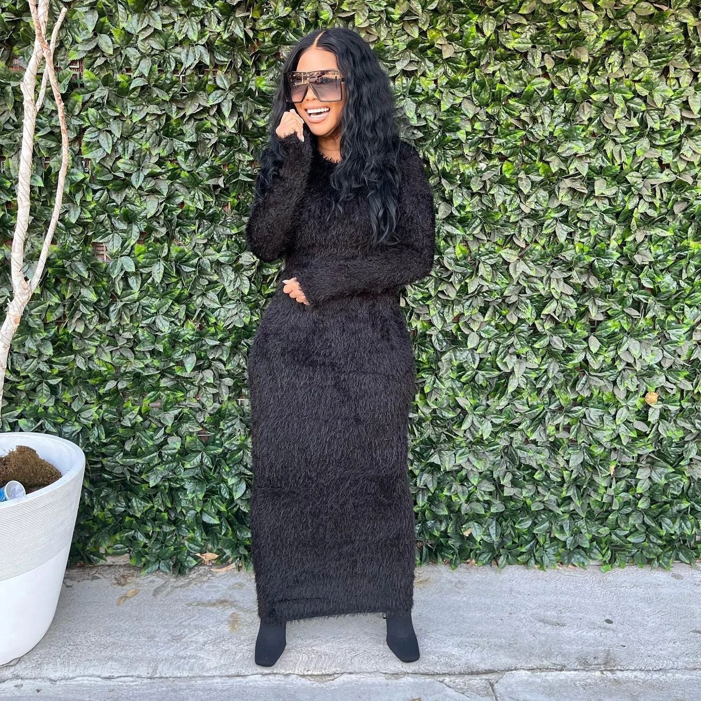 Round Neck Long Sleeve Furry Dress - K-ELLE BEAUTY BOUTIQUE